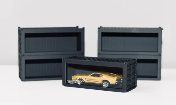 3D-Printed Hotwheels Container for storing and displaying diecast cars, featuring a sleek, stackable design with a transparent front window.