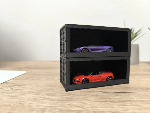 3D-Printed Hotwheels Container for storing and displaying diecast cars, featuring a sleek, stackable design with a transparent front window.