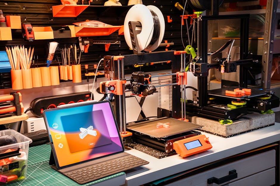 pexels-photo-19124461-19124461-1 A high-tech workshop featuring 3D printers and a tablet on a desk, showcasing modern innovation.
